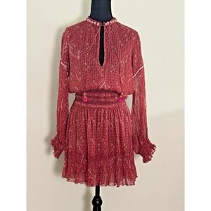 Poupette St Barth Mini Dress Silk Small Red Pink‎ Accents Floral Long Sleeve